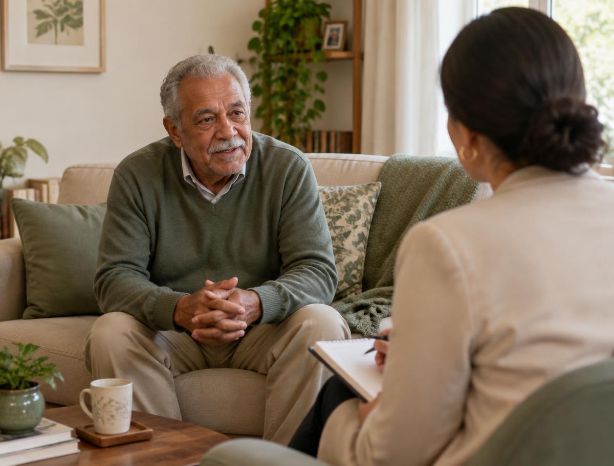 Senhor conversando com psicóloga na sala de sua casa