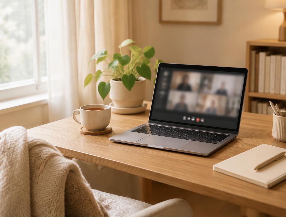 Notebook em mesa aconchegante preparado para videochamada