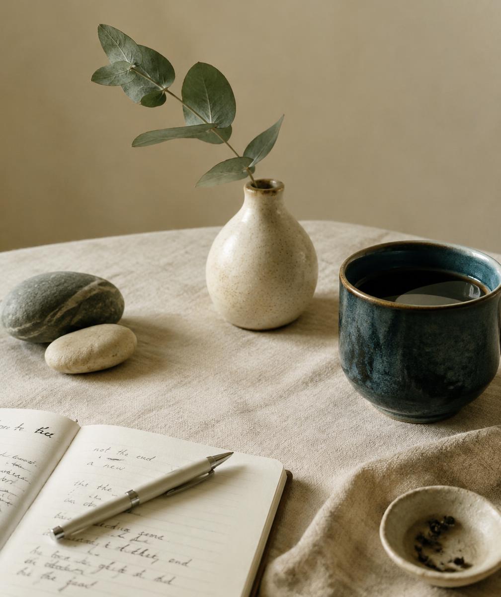 Caderno de anotações, vaso com eucalipto e xícara, em clima de reflexão